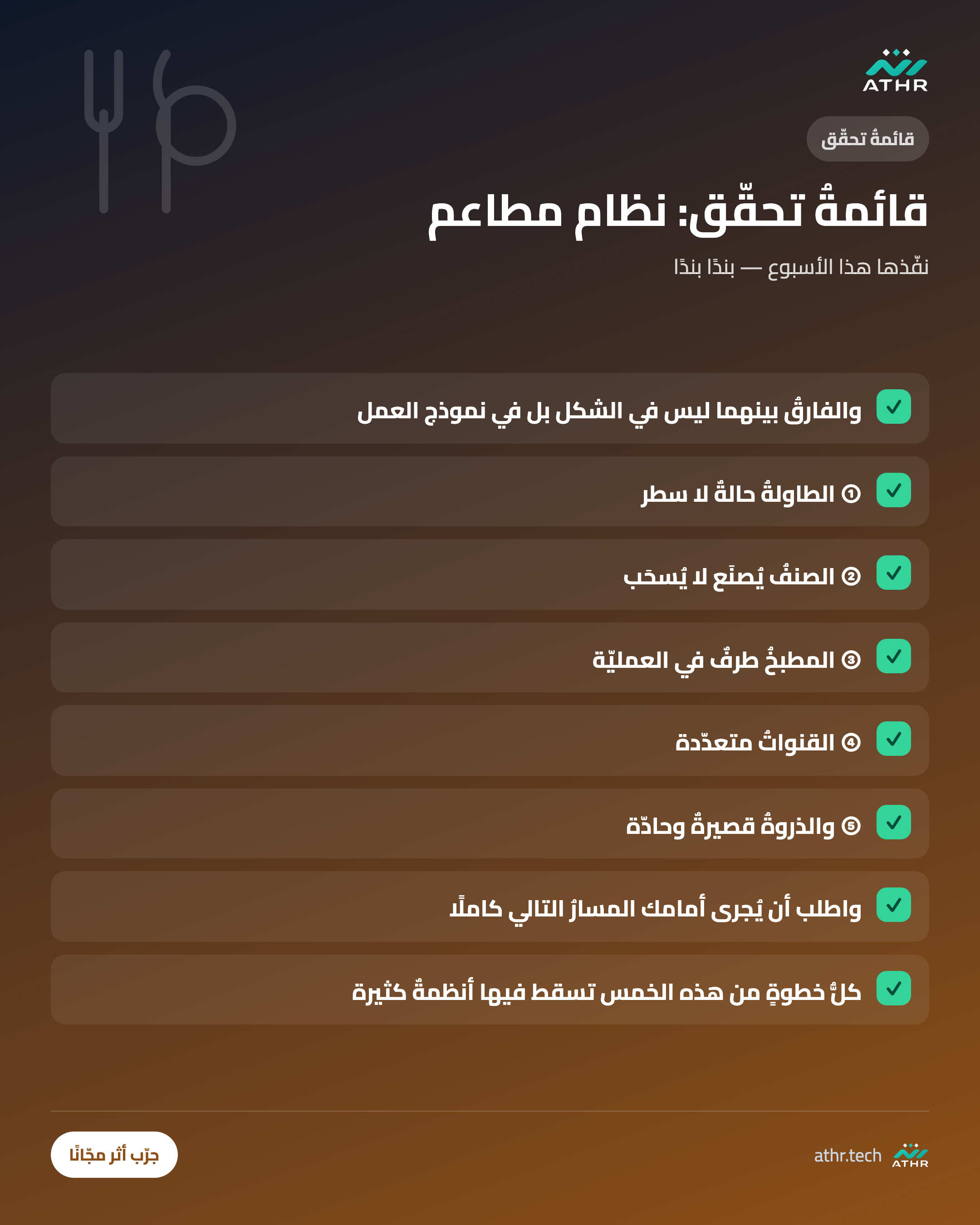 قائمةُ تحقّق: أفضلُ نظام مطاعم في السعوديّة: ما يفصل نظامًا يعمل عن نظامٍ يُباع