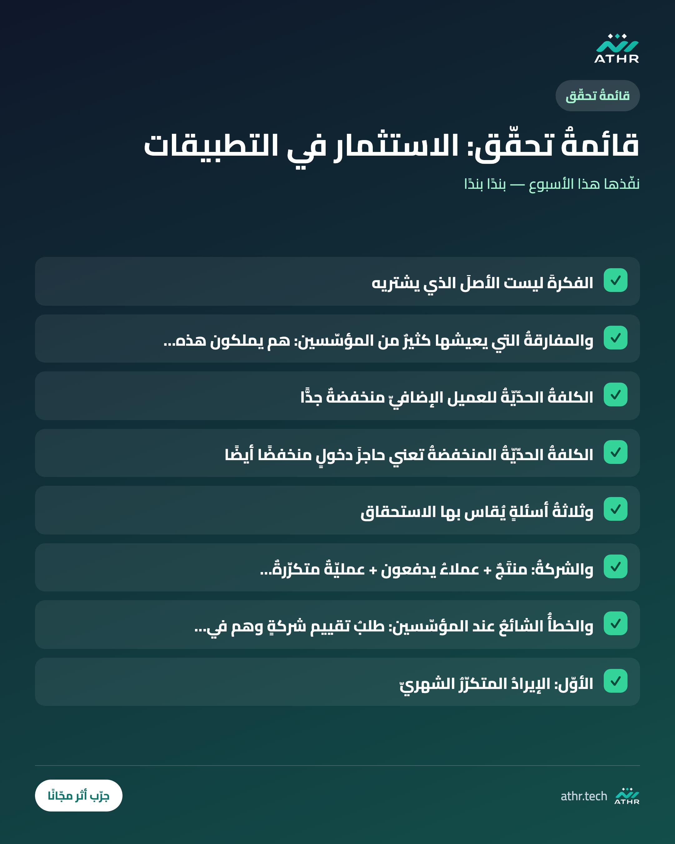 قائمةُ تحقّق: الاستثمارُ في التطبيقات والمشاريع الرقميّة: كيف يُقيَّم وكيف يُخاطَر