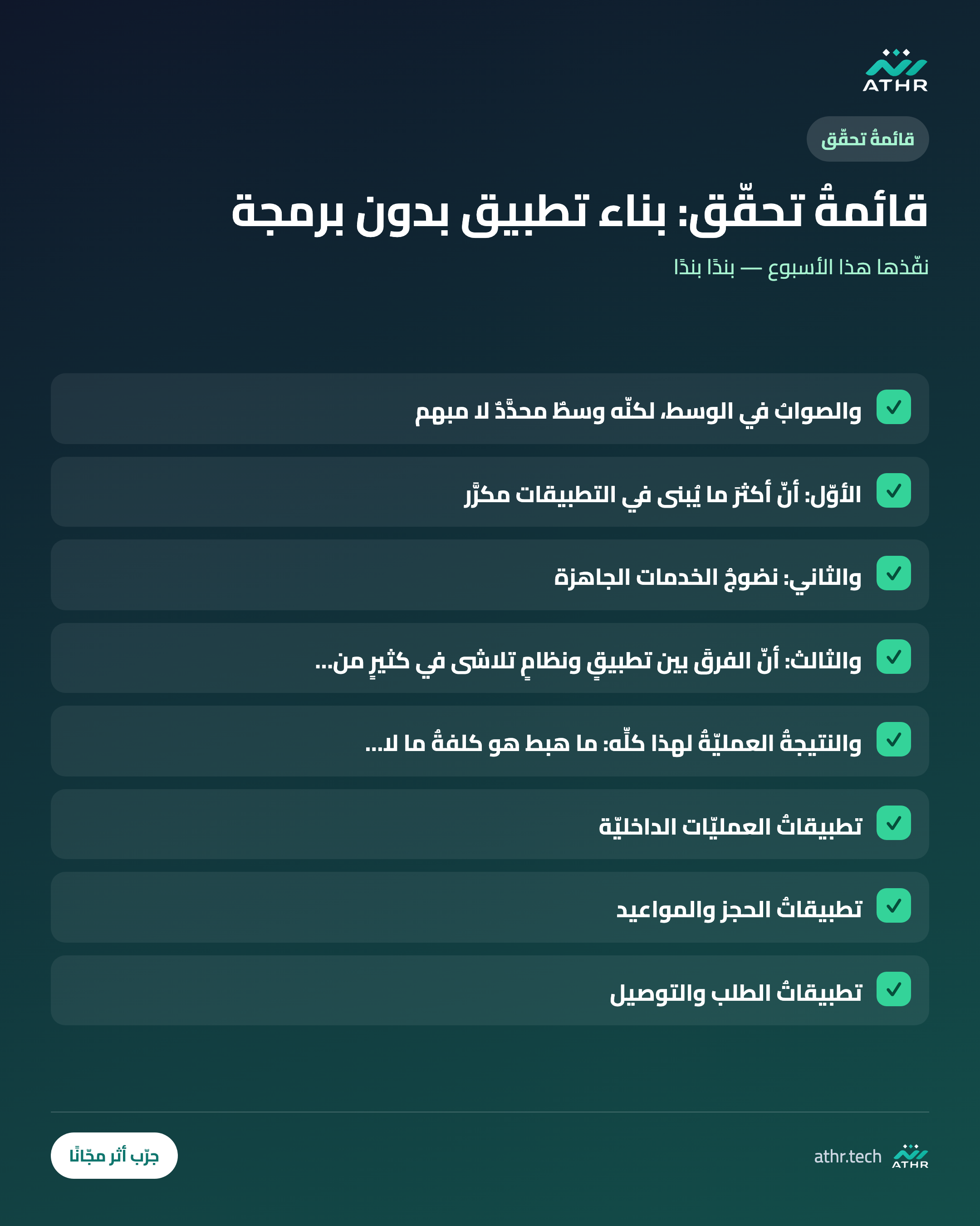 قائمةُ تحقّق: بناءُ تطبيقٍ بلا برمجة: ما الذي صار ممكنًا فعلًا وما لم يصر
