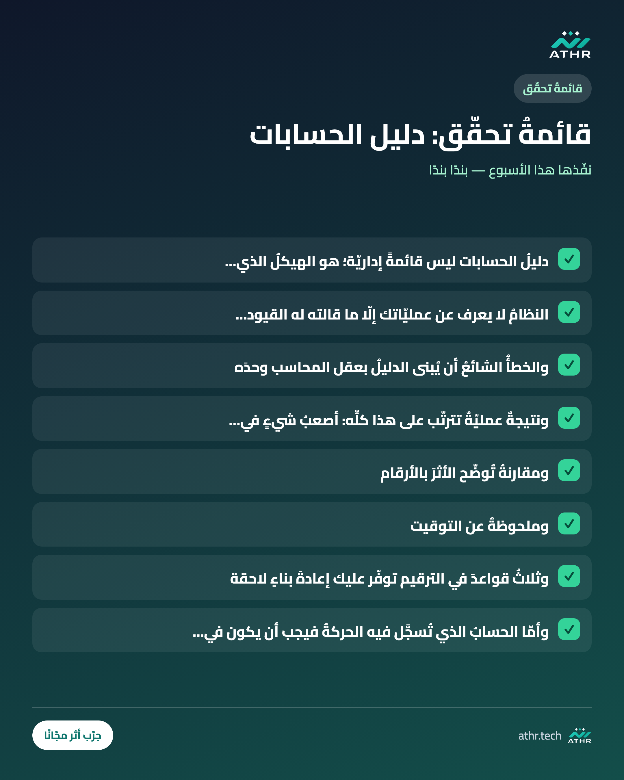 قائمةُ تحقّق: دليلُ الحسابات: كيف تبنيه مرّةً فلا تُعيد بناءه