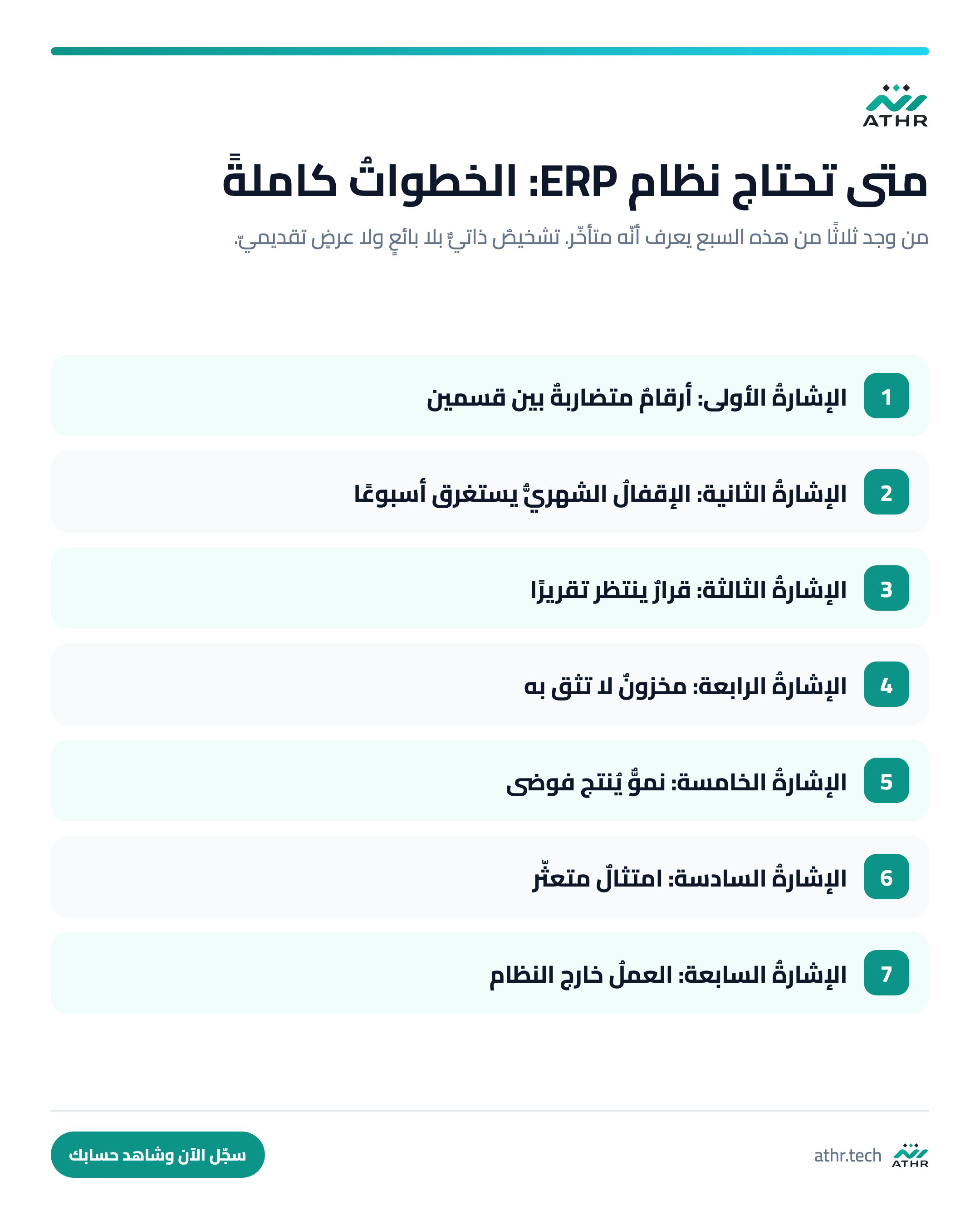 متى تحتاج منشأتُك نظامَ ERP؟ سبعُ إشاراتٍ لا تُخطئ — الخطواتُ كاملةً بالترتيب