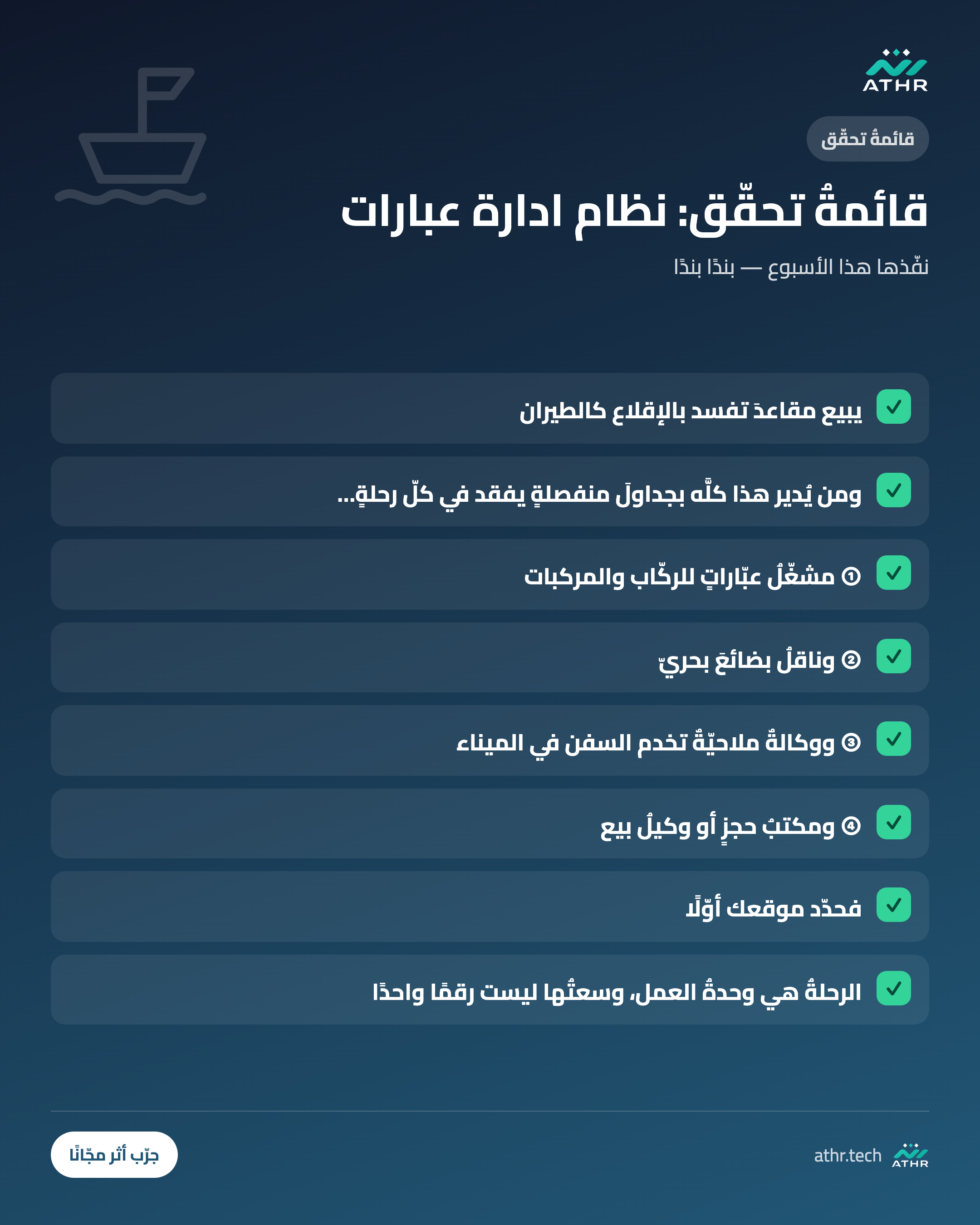 قائمةُ تحقّق: نظامُ إدارة العبّارات والنقل البحريّ: ما يحتاجه القطاعُ فعلًا