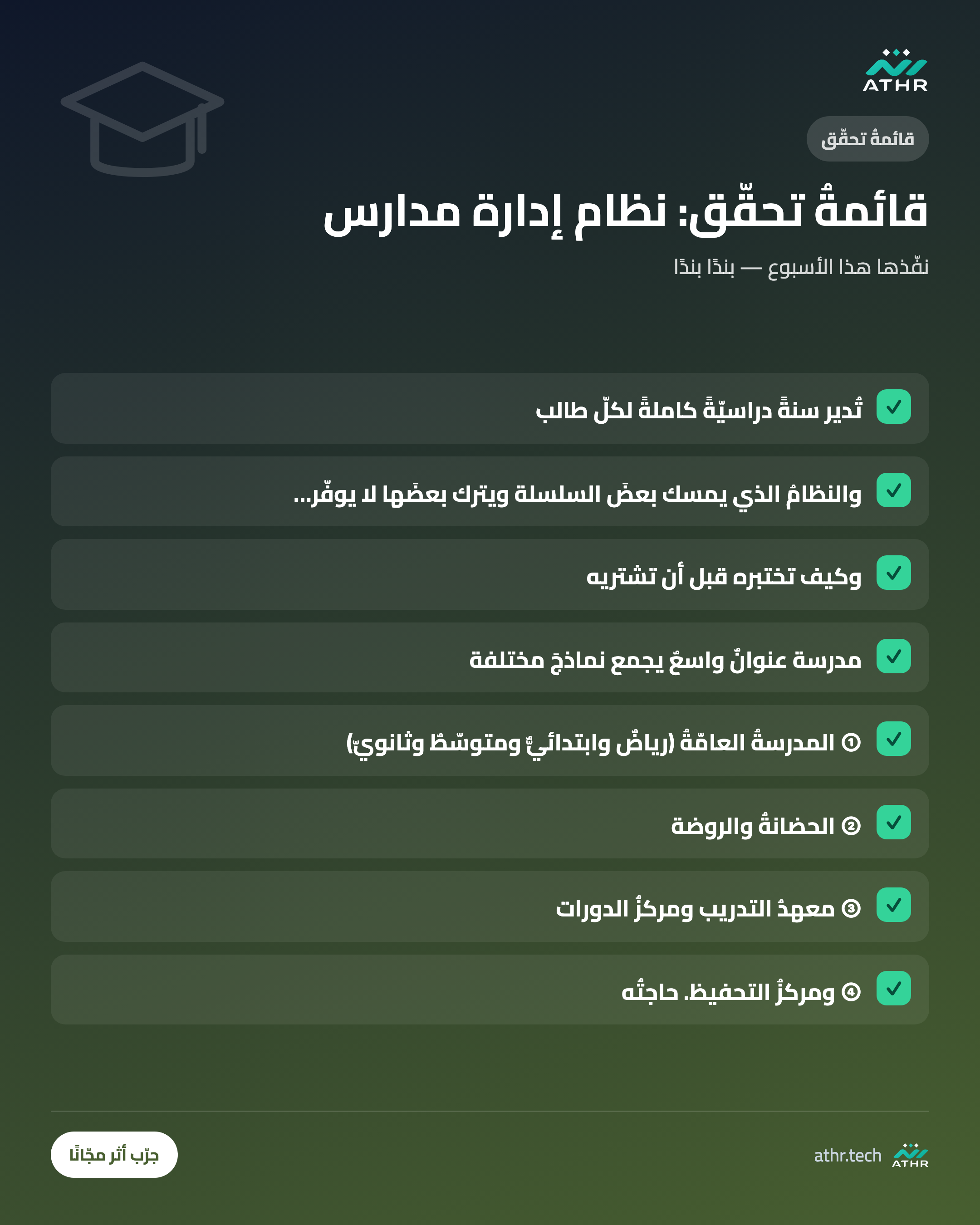 قائمةُ تحقّق: نظامُ إدارة مدارس: من التسجيل إلى الشهادة